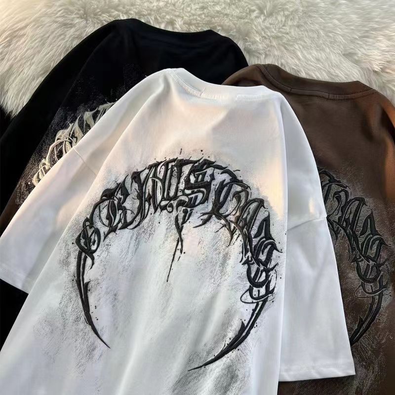 150kg Pure Cotton Retro Gothic Letter Short-Sleeved T-Shirt for Men and Women, Loose Couple Hiphop Oversized Top