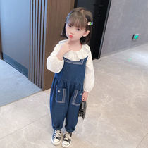 Baby back with pants spring and autumn style trousers male and female pants children conjoined hanging band pants girl Korean version denim back belt pants