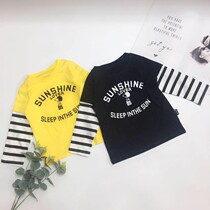 (Qiao family) Autumn new products male and female children fake two pieces of cotton letter cartoon printed long sleeve top children Long Sleeve T