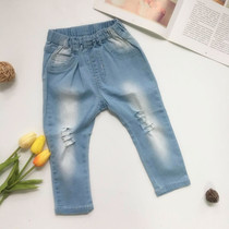 (Qiao family) Autumn new boys and girls light blue basic denim stretch pants childrens denim trousers