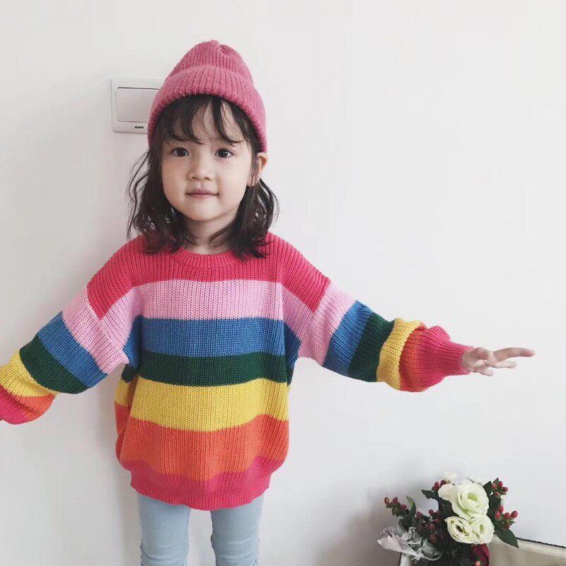 Jo Pao Family Autumn Winter New Pint Girl Cotton Thread Rainbow Trekker Sweater Woman Baby Seven Color Knitted Clothes