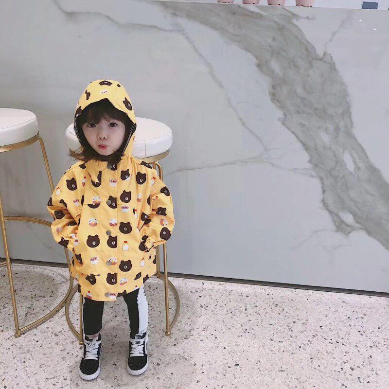 (Joe's) Autumn and Winter New Boys and Girls Cartoon Bear Double Layer Waterproof and Windproof Mid-length Jacket Children's Hooded Windbreaker