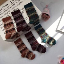 Spring and Autumn New Products Double Road Double Needle Vertical Strip Geometric Color Color Cotton Childrens Mid-barrel Retro Stacking Socks
