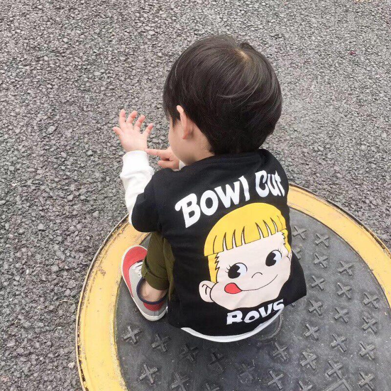 (Jo House ) Summer New Boys and Girls Black Cotton Cartoon Printing Short Sleeves for Children