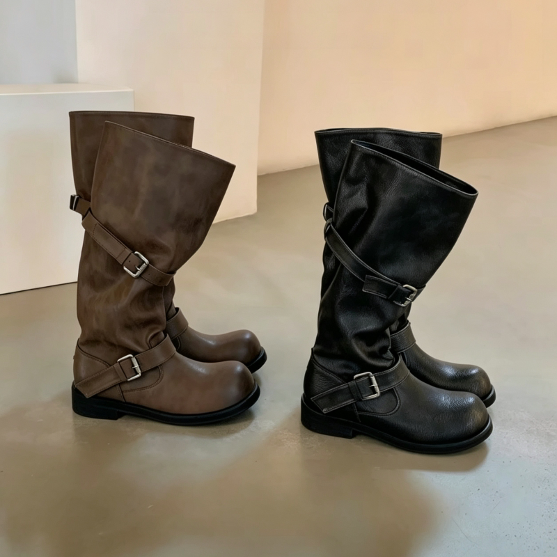 Cowhide Version ~ Retro Distressed Wide-Leg Round-Toe Work Boots with Thick Heels and Thick Soles, Slimming High-Length Riding Boots Cowhide Version ~ Retro Distressed Wide-Leg Round-Toe Work Boots with Thick Heels and Thick Soles, Slimming High-Length Riding Boots