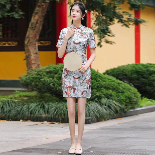 2023春夏新款仿花罗短款旗袍连衣裙日常穿三分袖女年轻款修身