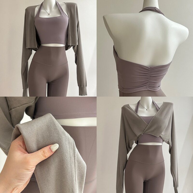 V-Neck Shawl in Mist Gray, Gentle and Intellectual Yoga Outfit Set V-Neck Shawl in Mist Gray, Gentle and Intellectual Yoga Outfit Set