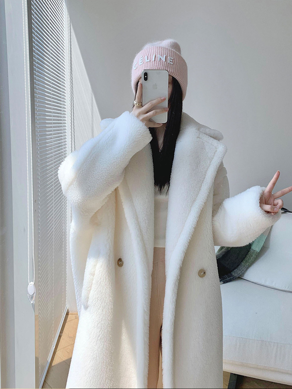 M Brand 2025 New Winter Milk White Teddy Bear Lamb Wool Shearling Coat Mid-Length Fur Jacket for Women