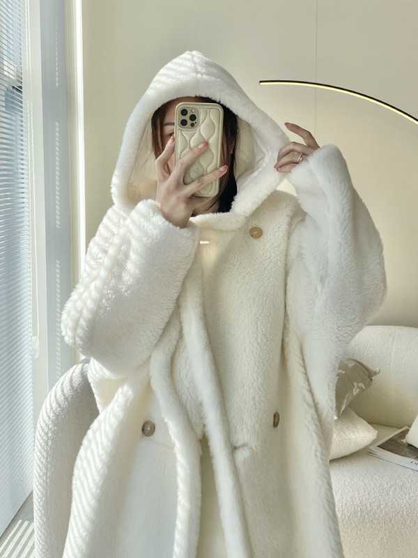 M's Teddy Bear Autumn and Winter New Lamb Wool White Coat with Hood, Mid-Length, Granular Alpaca Fur Coat