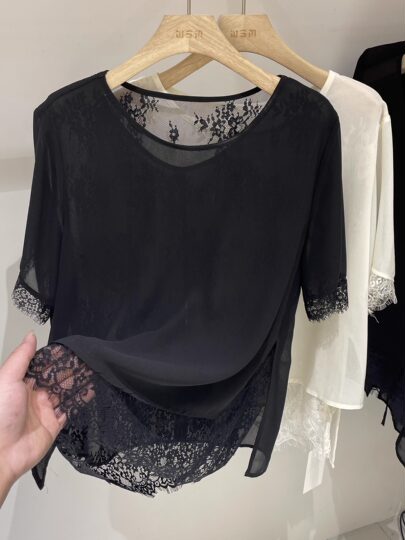 轻薄款蕾丝拼接开叉钉珠短袖雪纺衫女2025夏季新款甜美打底衫上衣