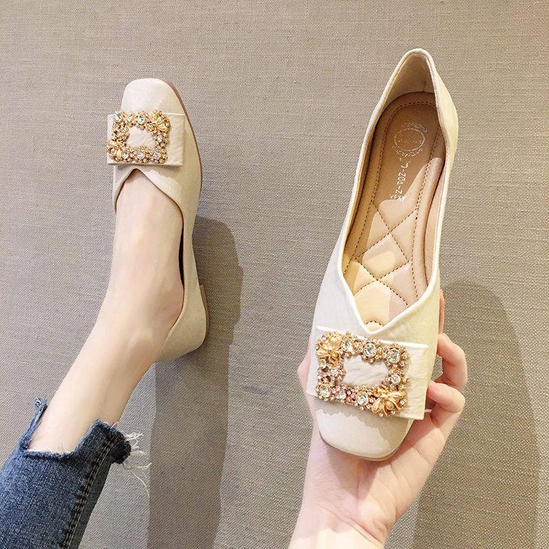 European station single shoes women's 2021 summer new rhinestone shallow mouth square toe large size women's shoes Korean fashion flat bottom floating shoes