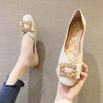 European station single shoes womens 2021 summer new rhinestone shallow mouth square toe large size womens shoes Korean fashion flat bottom floating shoes