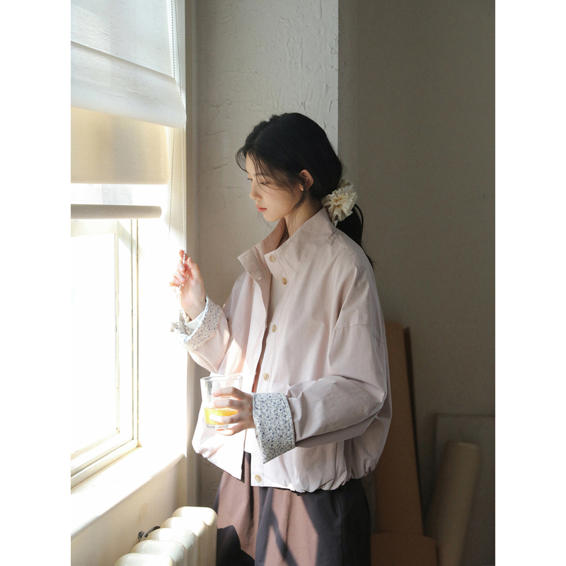 Lichipark/Retro Floral Cuffed Stand-Up Collar Short Jacket for Women Early Autumn Pink Petite Jacket Top