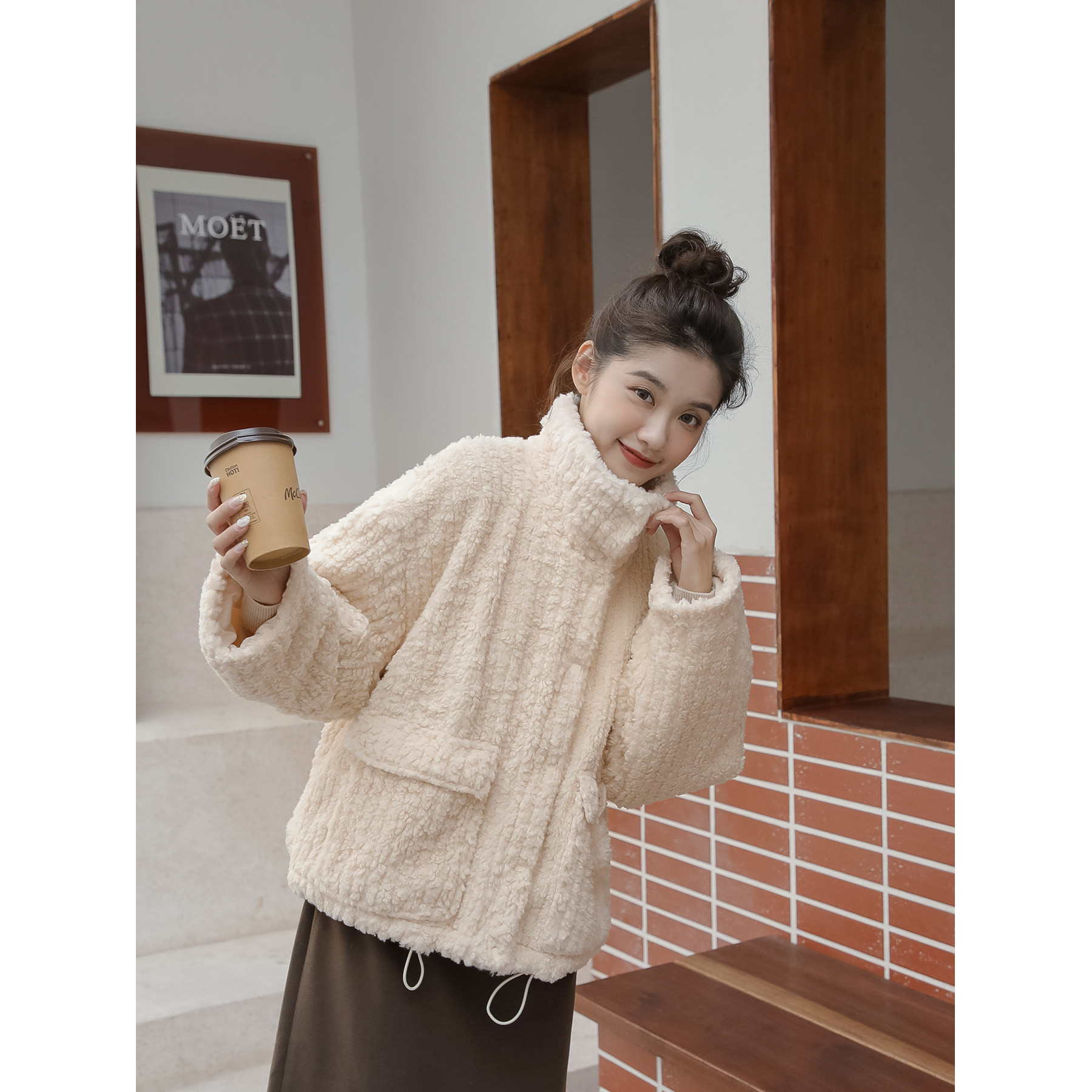 Cream Melaleuca pit strip lamb wool coat women's all-match thick top casual short jacket winter