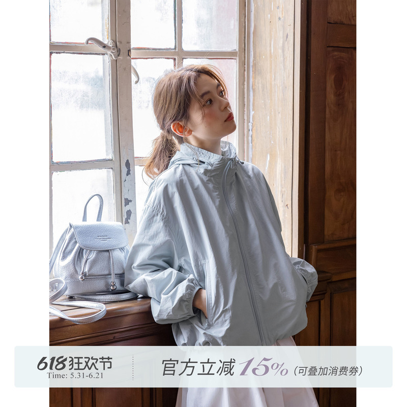 Good Night Planet/Flower Bud Hem Stand Collar Windproof Thin Jacket for Women Spring Blue Short Jacket for Petite Figures