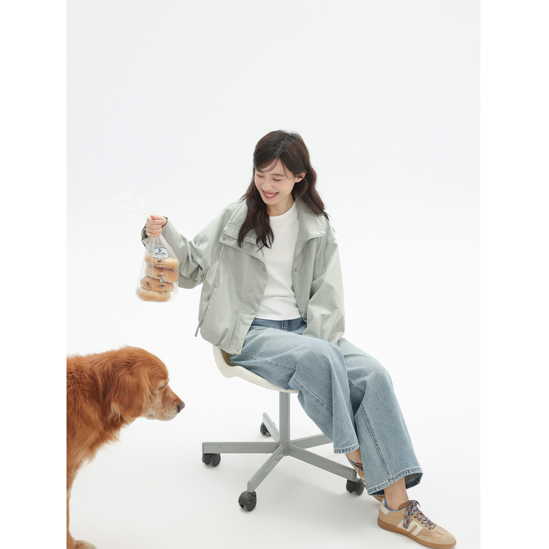 Apple Dill/Soft Mist Pearlescent Stand-Up Collar Short Jacket for Women, Versatile Leather Jacket for Petite Figures, Stylish Top for Autumn