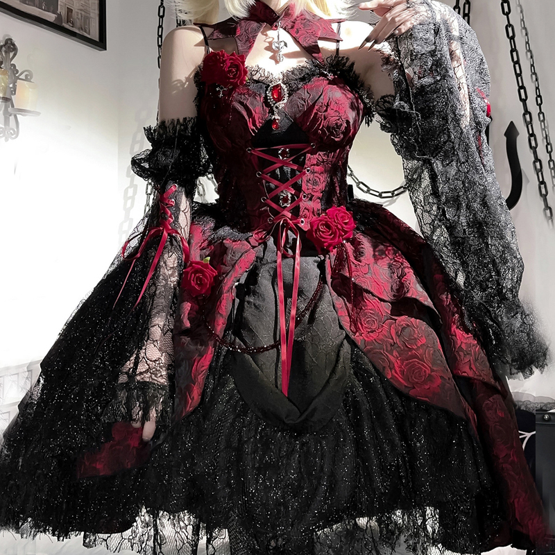 Original Genuine Rose Plate Jsk Lolita Dark Gothic Style Black and Red Jacquard Subculture Lolita Dress