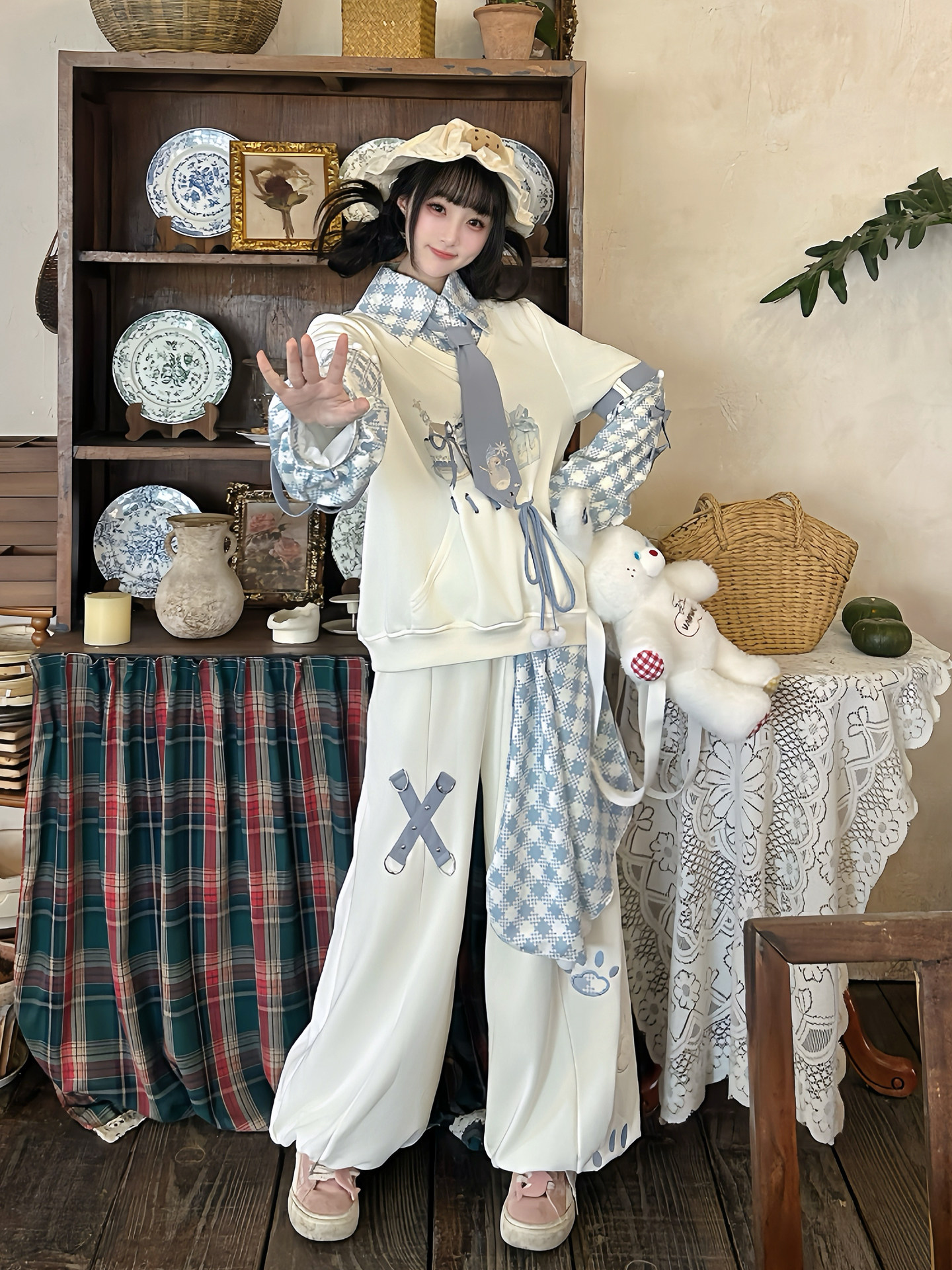 Original Genuine Snowball Game Lolita Daily Cute Fake Two-piece Tie Plaid Autumn and Winter Top and Pants Suit