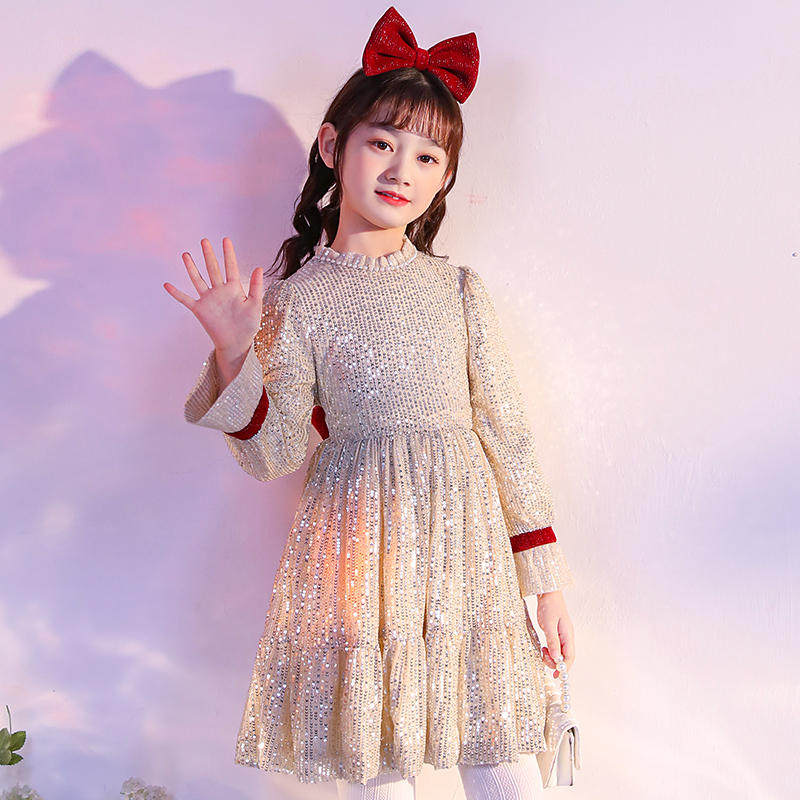 Next Long Girl Foreign Dress 2022 Spring Autumn New Children's Dress CUHK Child Foreign Pie Sequin Princess Dress