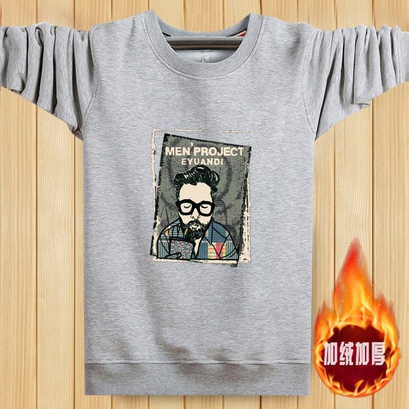 Mùa thu và mùa đông nam cộng với áo len trùm đầu nhung dày cộng với phân bón XL cổ tròn lông cừu ấm áp áo thun cotton dài tay set đồ nam đẹp