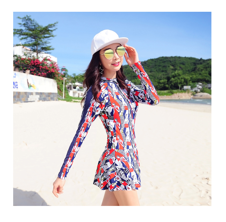 Áo tắm nữ bảo thủ một mảnh váy dài tay cỡ lớn che bụng giảm béo chống nắng thể thao phẳng góc tắm nước nóng mùa xuân - Bộ đồ bơi One Piece bán áo bơi liền thân