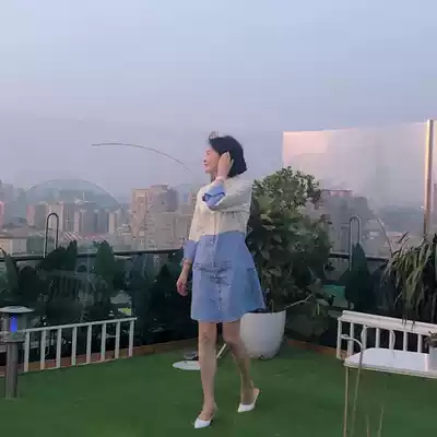 I am Capricorn blue and white stitching shirt skirt shirt dress women's medium long version of French fresh dress