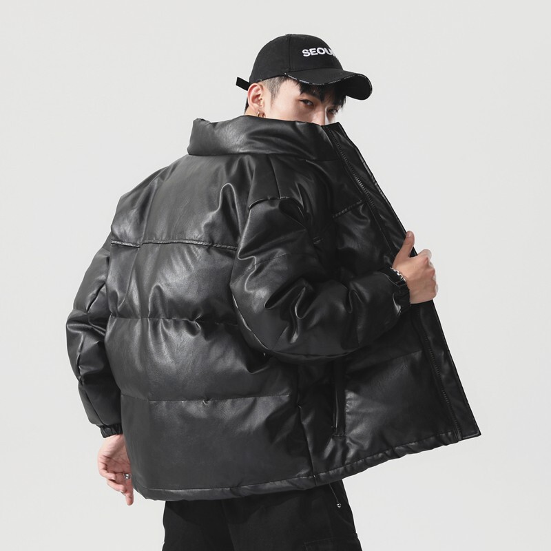 Zaza Men's Short down Jacket Thickened Leather Pu Leather Stand Collar 2026 New Winter Puffer Jacket Men's Coat Zaza Men's Short down Jacket Thickened Leather Pu Leather Stand Collar 2026 New Winter Puffer Jacket Men's Coat