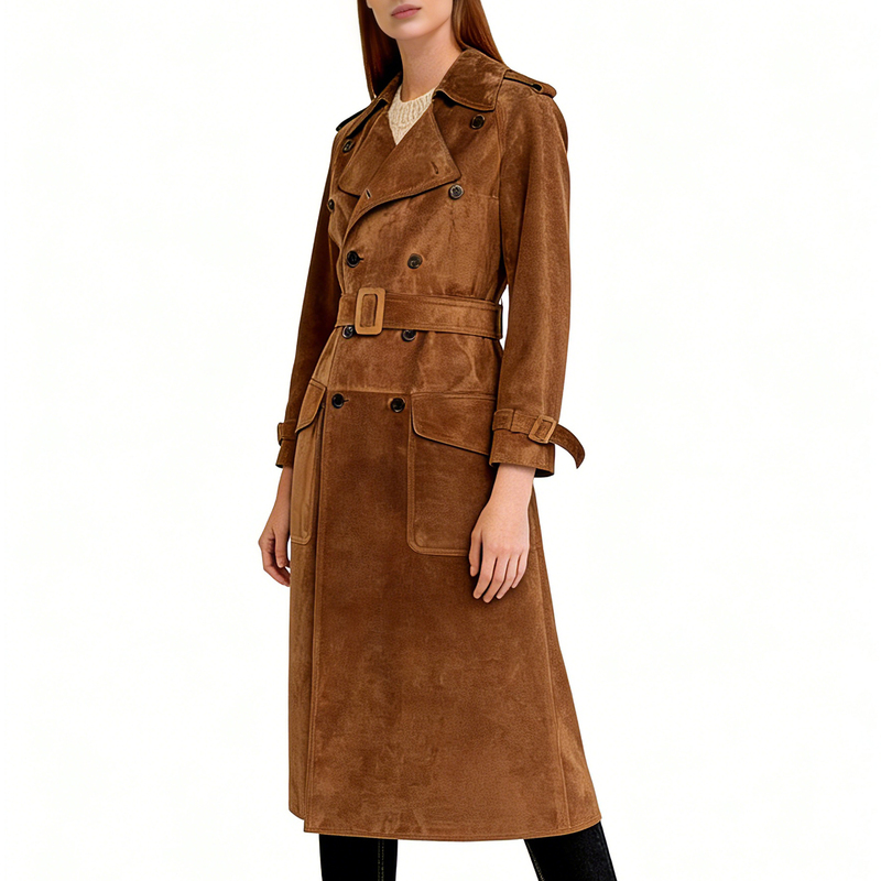 Italian Imported Calfskin Suede Y*L Same Source Same Style Double-Breasted Long Slim-Fit Leather Jacket for Women