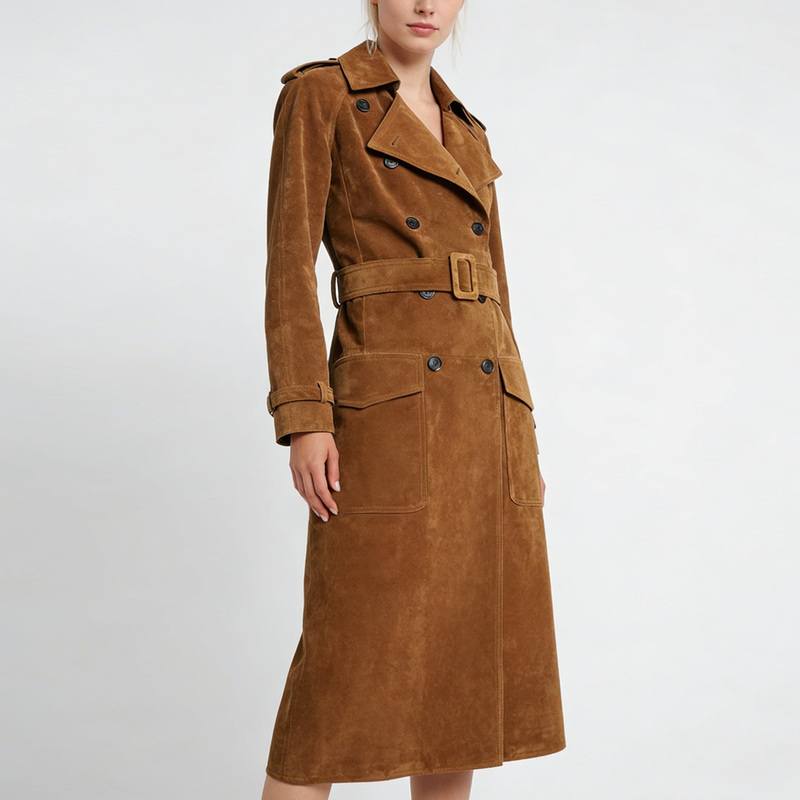 Italian Imported Fetal Cowhide Suede Y*L Same Style Double-Breasted Long Slim-Fit Leather Jacket for Women