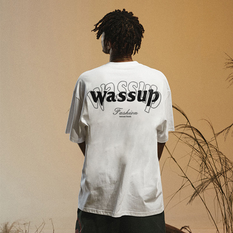 Wassup Line Font Short-Sleeve T-Shirt for Men, Trendy Brand, Heavyweight, Versatile for Summer, Casual, Loose-Fitting, Couple's T-Shirt Top