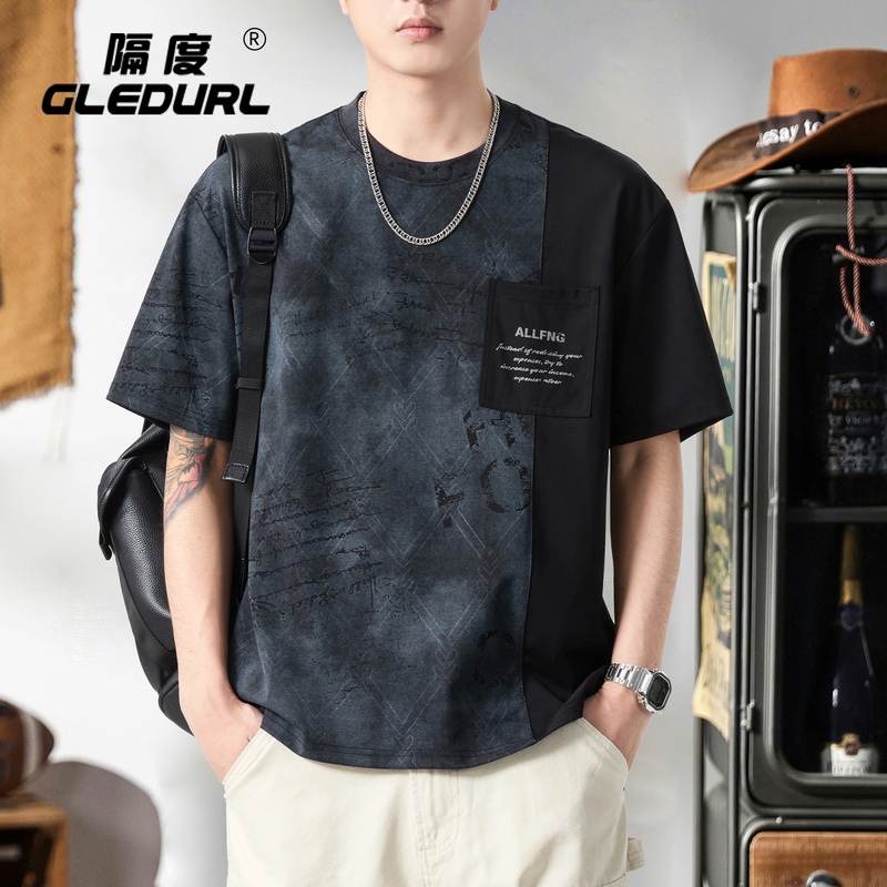 2026 New Short-Sleeved T-Shirt for Men, Summer Cool and Loose, Patchwork Print, American Retro Trendy Brand T-Shirt Top
