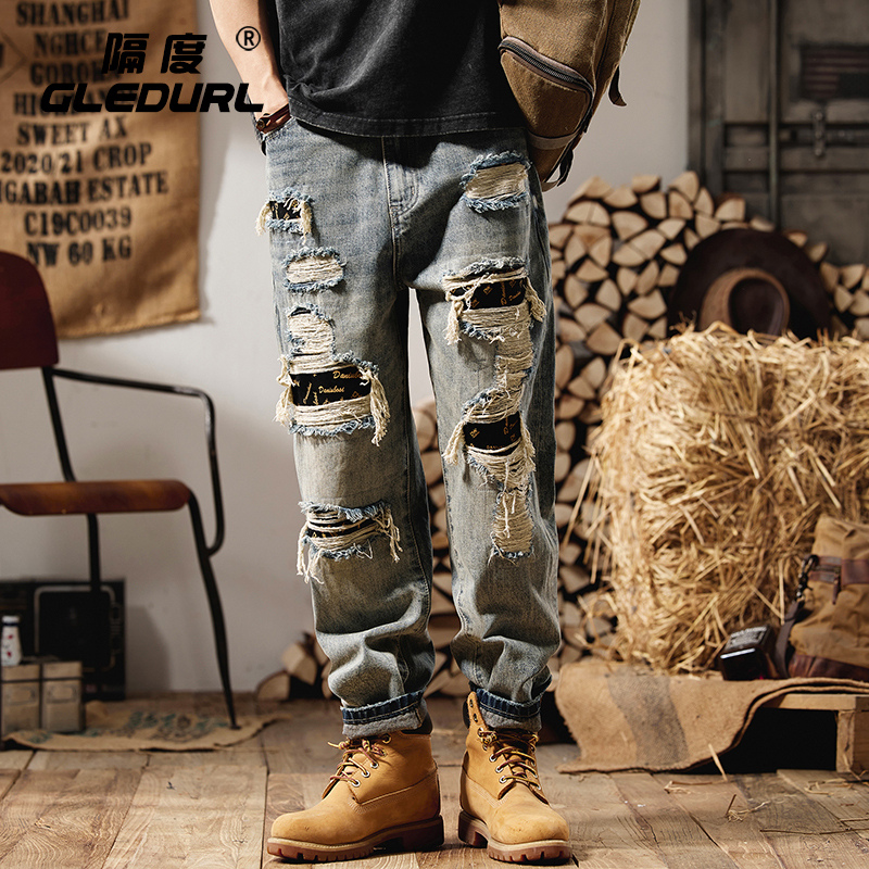 American Retro Washed Ripped Jeans for Men, Denim Pants with Distressed Details, Mid-Rise, Loose Straight-Leg Trousers for Autumn