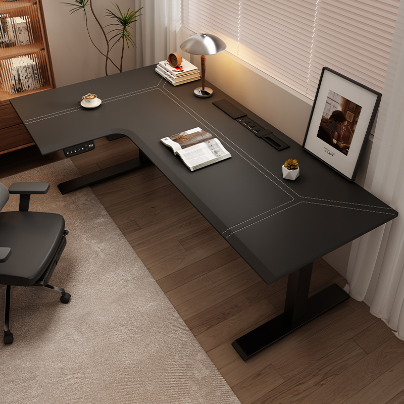Corner Electric Lift Table L-Shaped Corner Leather Workbench Desk Home Computer Desk Office Study Desk Solid Wood