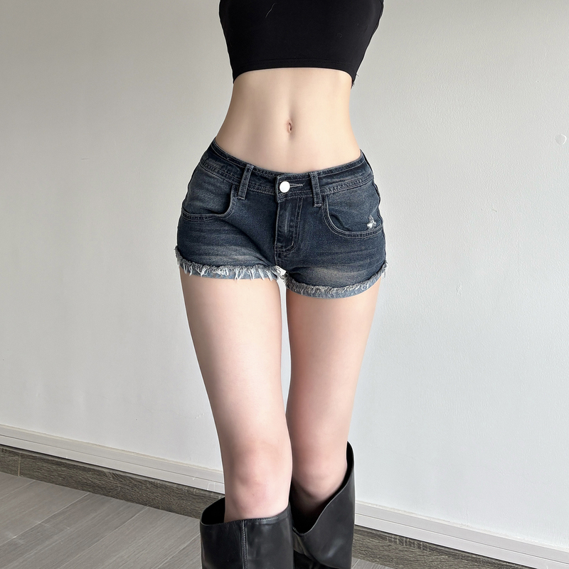 Darlingaga American-Style Spicy Girl Vintage Faded Frayed Denim Shorts for Women, Low-Waisted Sexy Tight Casual Pants Trendy