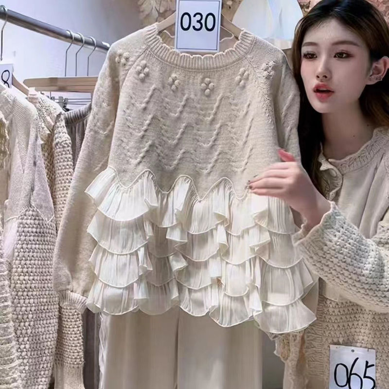 Gentle Style Patchwork Soft Sweater Coat for Women 2023 Loose Slimming Top Women's New Ruffled Edge