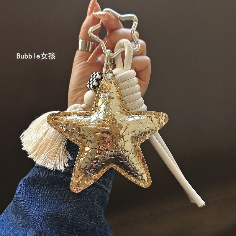 White Leather Rope Square Bead Tassel Champagne Gold Five-Pointed Star Pendant Suitable for Mobile Phone Bag Key Pendant White Leather Rope Square Bead Tassel Champagne Gold Five-Pointed Star Pendant Suitable for Mobile Phone Bag Key Pendant