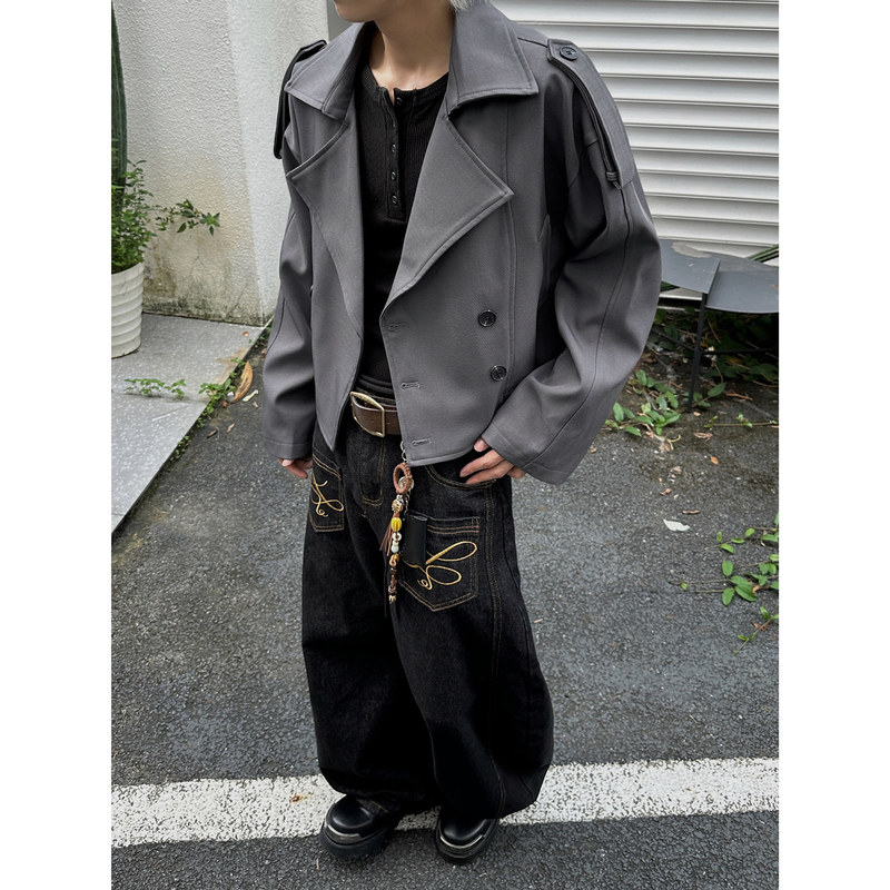 Vintage Waist-Cinching Cropped Jacket for Men, Autumn Coat, Plus Size, Trendy Brand, Loose Double-Breasted Trench Coat Vintage Waist-Cinching Cropped Jacket for Men, Autumn Coat, Plus Size, Trendy Brand, Loose Double-Breasted Trench Coat