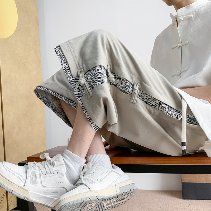 Side Button Casual Capri Pants for Men, Summer Plus Size, Loose Fit, Chinese Style, Straight-Leg Sports Pants Side Button Casual Capri Pants for Men, Summer Plus Size, Loose Fit, Chinese Style, Straight-Leg Sports Pants