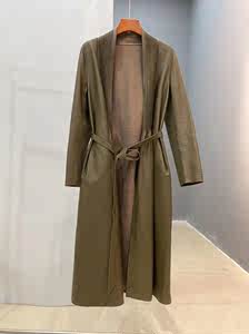 Nalanxun leather jacket women's long windbreaker sheepskin cotton linen tie-up slim v-neck pleated sx db length 110