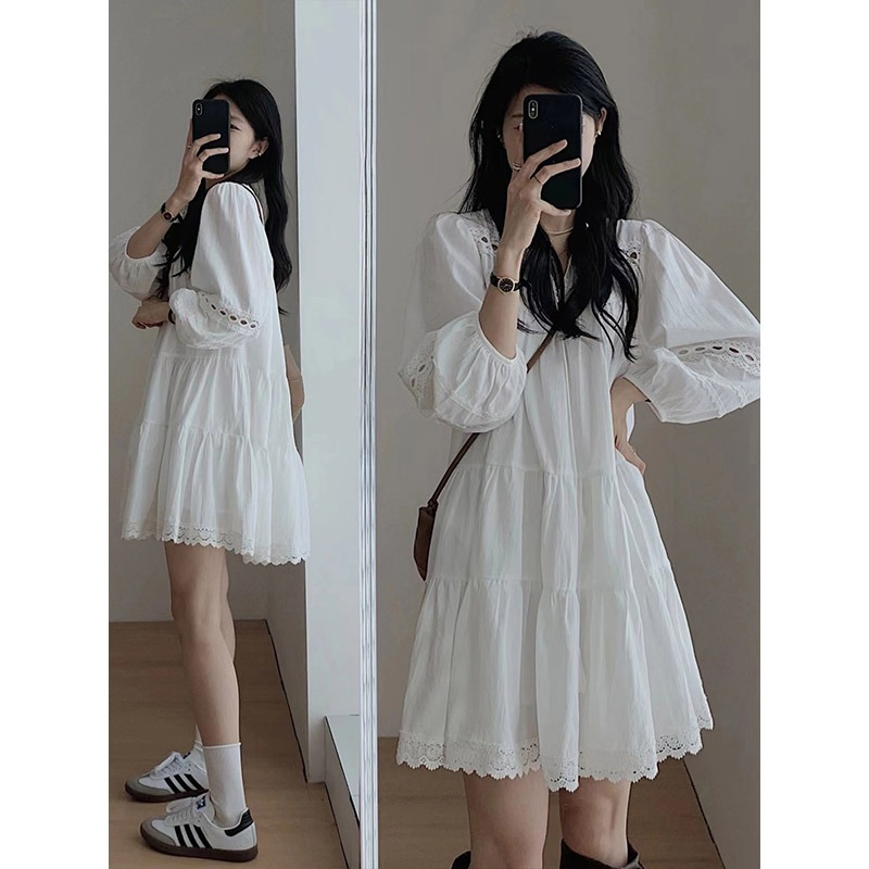 French-Style White Puff Sleeve Dress for Women, Early Spring and Autumn, Petite, High-End, Elegant, Long-Sleeved, New Chinese Style Dress