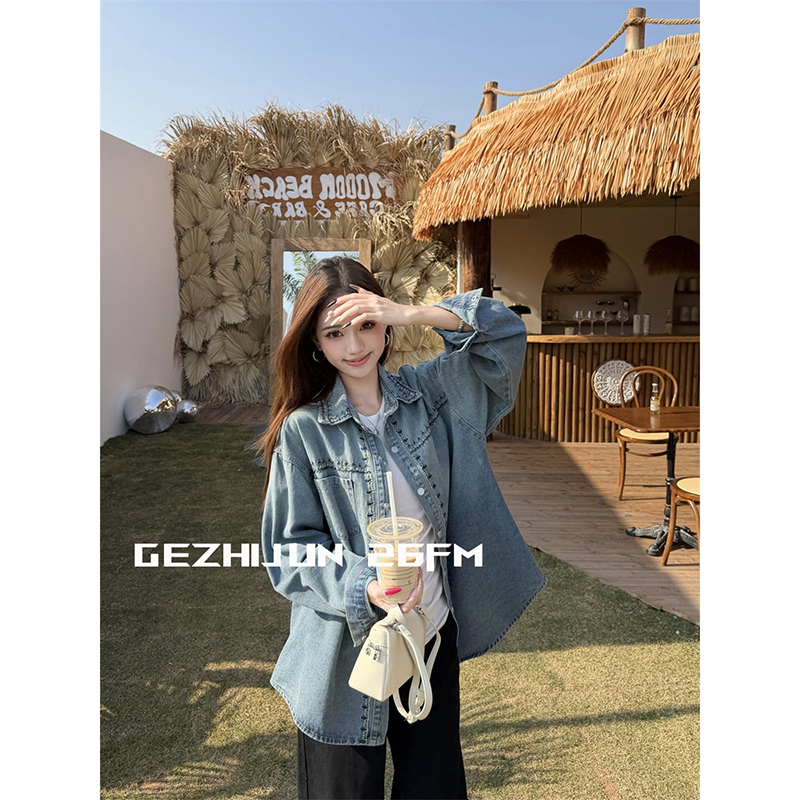 Gezijun Retro Washed Gradient Floral Embroidered Spring Loose Mid-Length Denim Shirt Jacket for Women