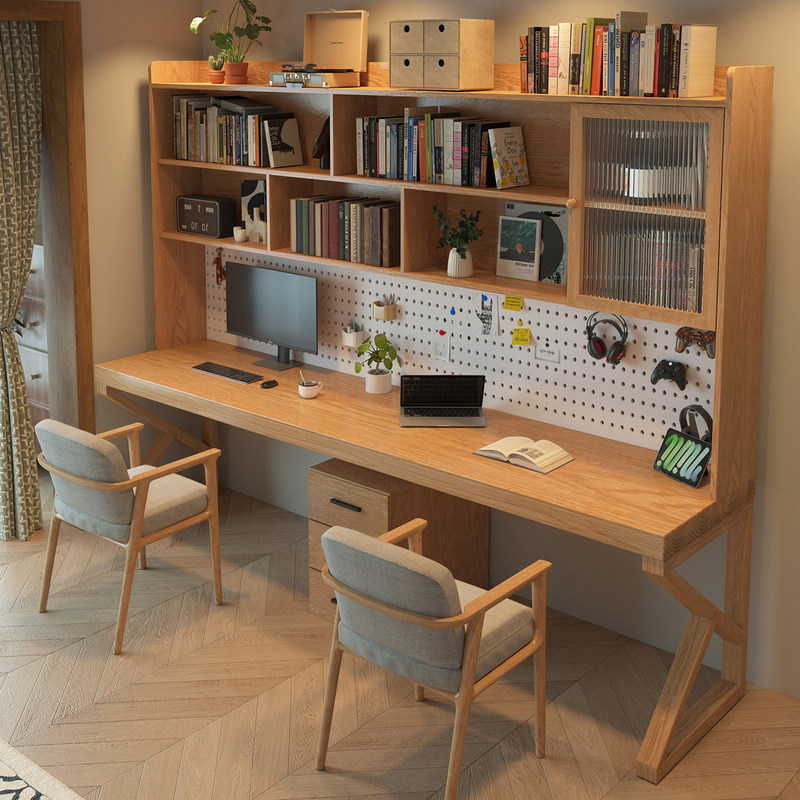 Solid Wood Double Desk with Bookcase, Simple and Modern, Wall-Mounted, Home Children's Study Table, Office Workbench, Computer Desk Solid Wood Double Desk with Bookcase, Simple and Modern, Wall-Mounted, Home Children's Study Table, Office Workbench, Computer Desk