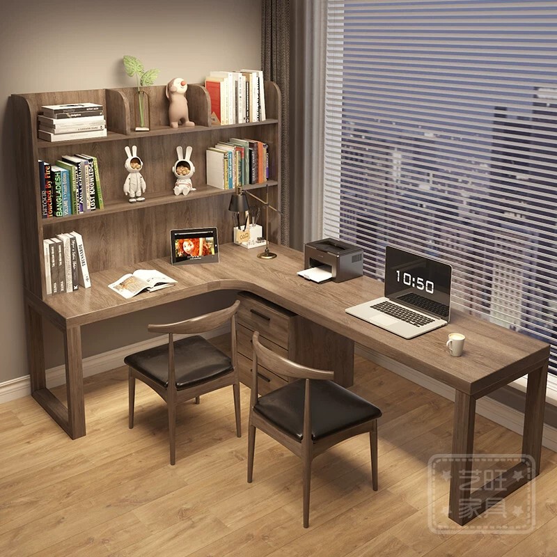 Corner Solid Wood Desk with Bookcase, Simple Modern Home Double Desk, Corner Workstation, L-Shaped Computer Desk