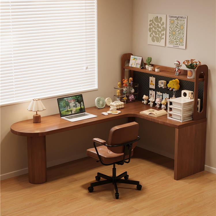 Nordic Solid Wood L-Shaped Corner Desk with Bookshelf, Home Office Study Desk, Bedroom Wall-Mounted Computer Desk, Multi-Functional