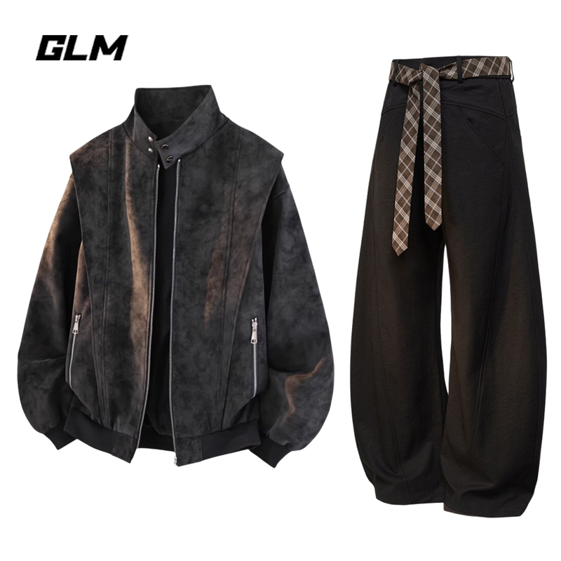 Glm Official Genuine High Street Tie-Dye Deconstructed Black Leather Suit for Men, a Very Stylish Outfit for Autumn Glm Official Genuine High Street Tie-Dye Deconstructed Black Leather Suit for Men, a Very Stylish Outfit for Autumn