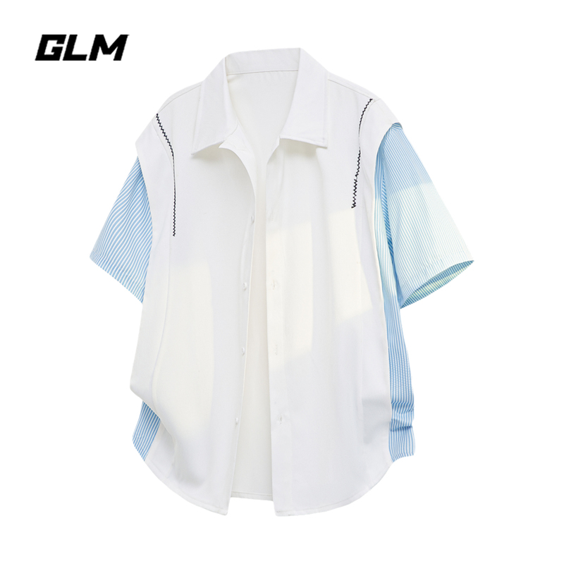 Glm Official Genuine Two-Piece Striped Patchwork Short-Sleeve Shirt for Men, Autumn Loose Casual Turn-Down Collar Cardigan Shirt Glm Official Genuine Two-Piece Striped Patchwork Short-Sleeve Shirt for Men, Autumn Loose Casual Turn-Down Collar Cardigan Shirt