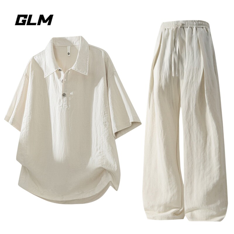 Glm Official Authentic Korean-Style Tencel Linen Polo Shirt Set for Men, a Cool and Relaxed Summer Outfit Set Glm Official Authentic Korean-Style Tencel Linen Polo Shirt Set for Men, a Cool and Relaxed Summer Outfit Set