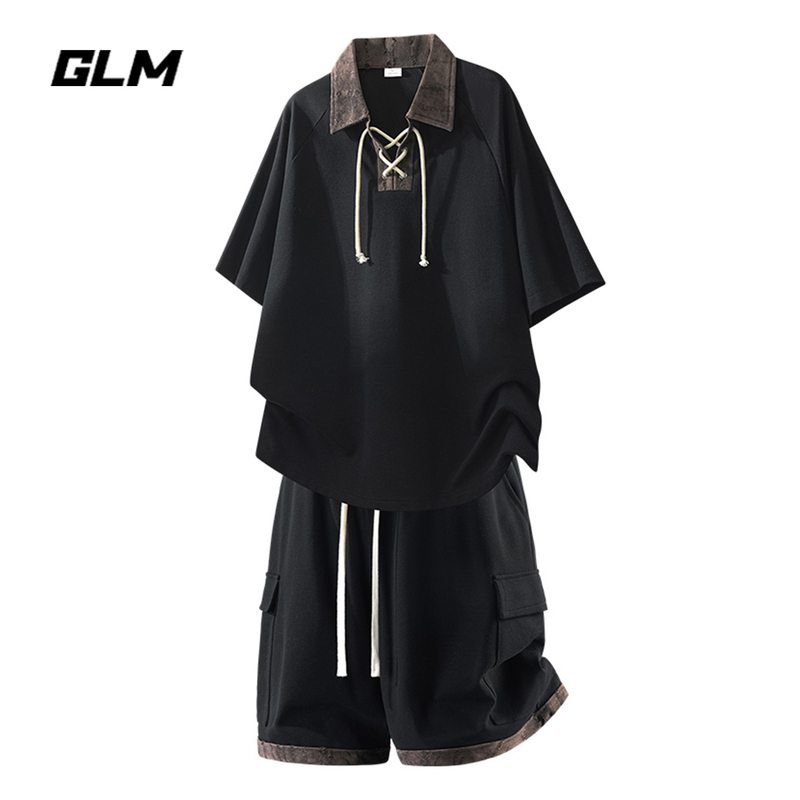 Glm Official Genuine Black Lace-Up Polo Shirt Fashion Suit for Men, Summer 2026, Super Popular Summer Outfit, Complete Set