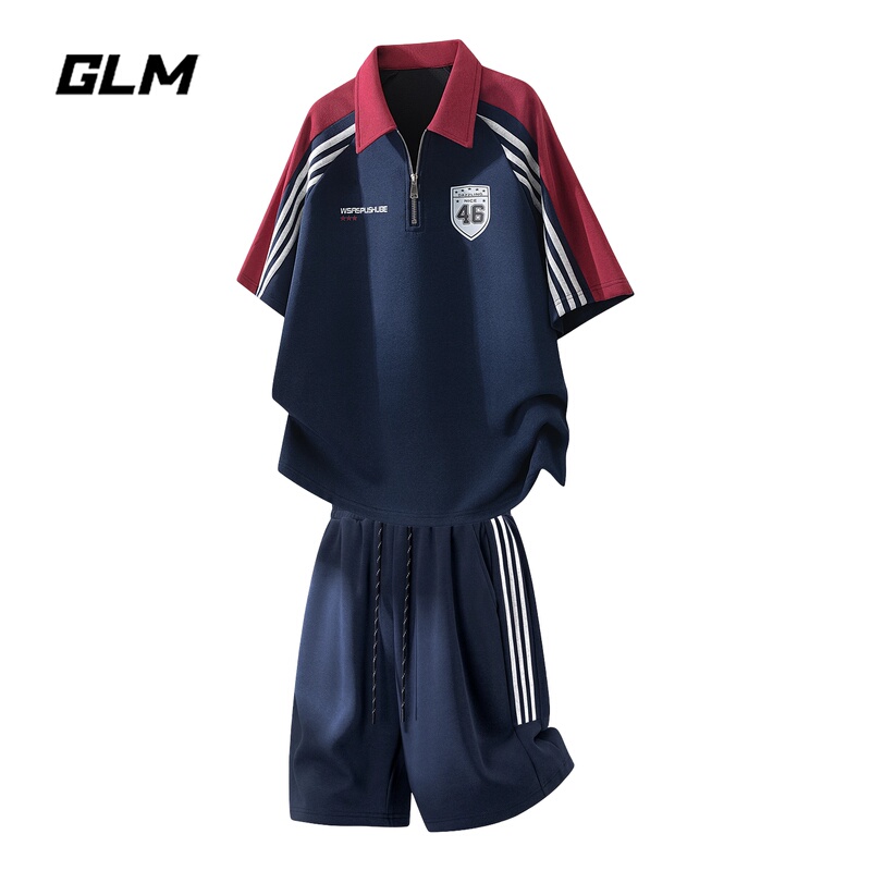 Glm Official Authentic American-Style Color-Block Striped T-Shirt Men's Sports Casual Set 2026 Super Popular Summer Outfit Complete Set