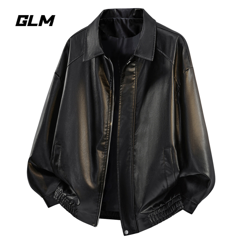 Glm Official Authentic American Retro Lapel Leather Jacket for Men, Unique and Stylish Black Coat for Spring and Summer, Matte Pu Leather Jacket